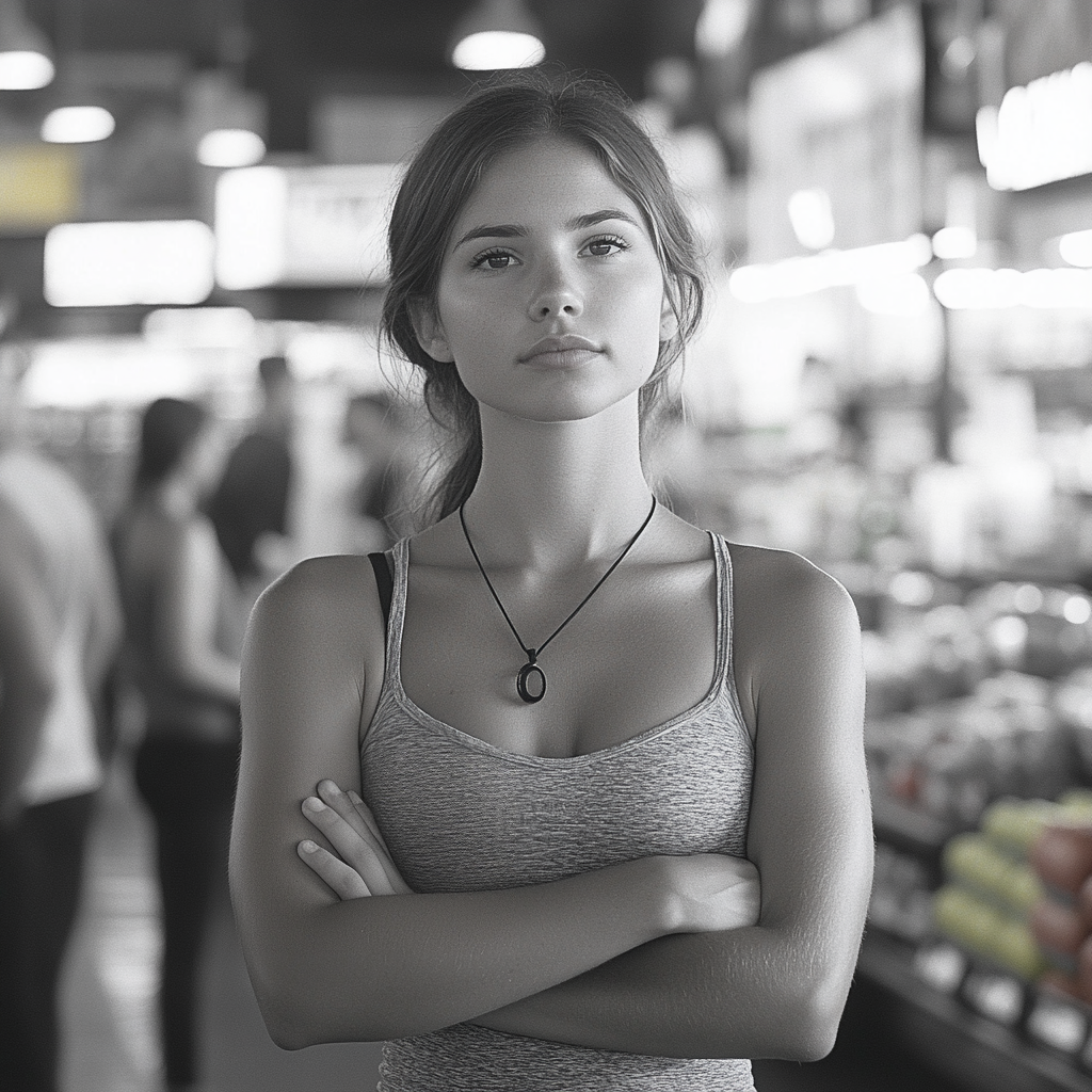 Una mujer seria en una tienda | Fuente: Midjourney