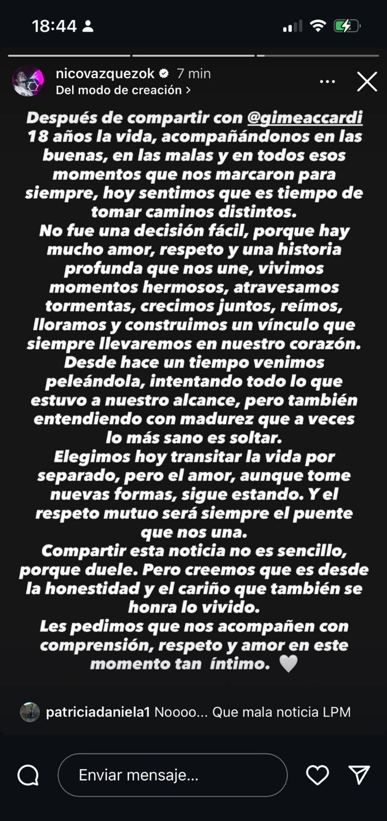 Comunicado de Nicolás Vázquez sobre su separación de Gimena Accardi | Fuente: Instagram Stories/nicovazquezok