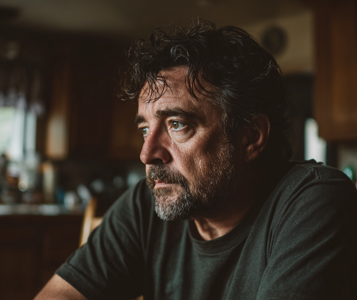 Un hombre emocionado sentado a la mesa de la cocina | Fuente: Midjourney
