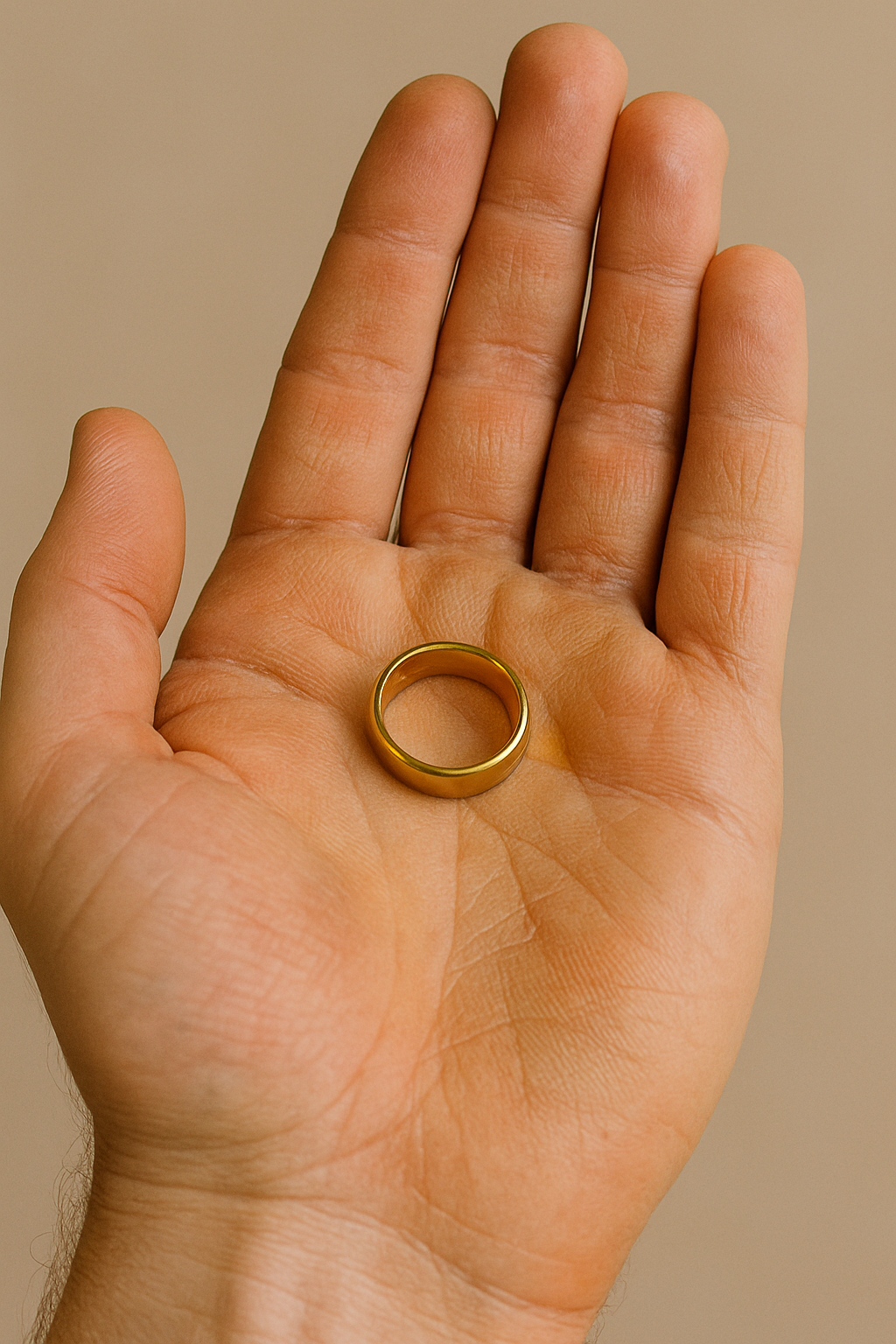 Un anillo de boda en la palma de la mano de un hombre | Fuente: DALL-E