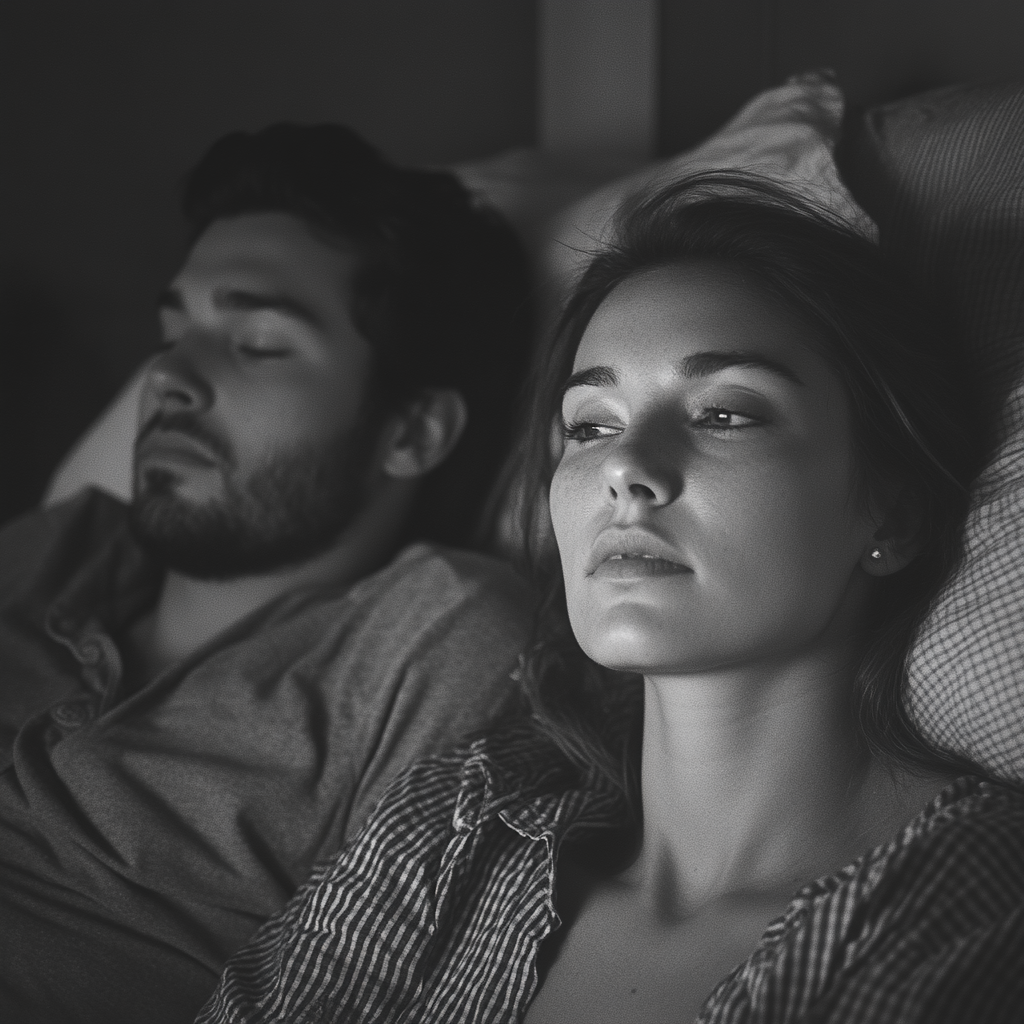 Sarah luchando por dormir mientras piensa en la nota | Fuente: Midjourney