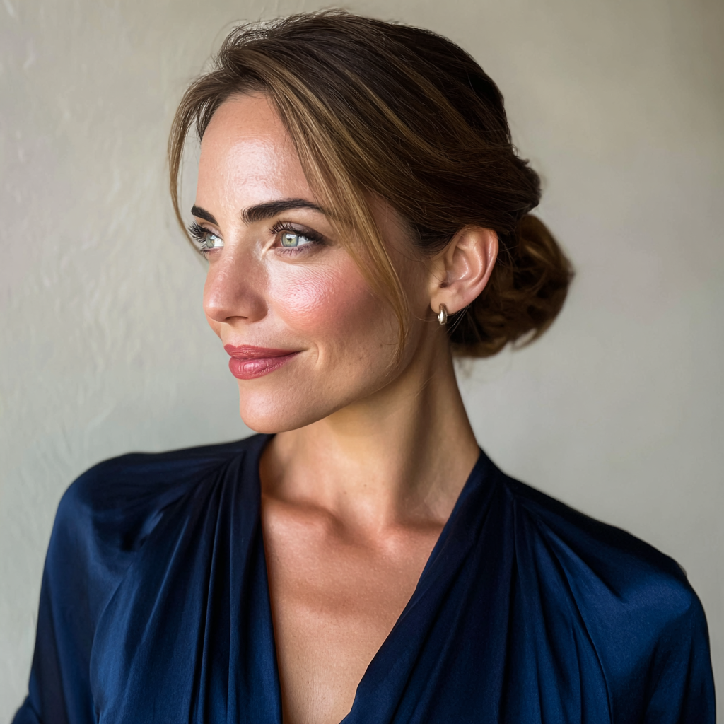 Una mujer sonriente con un vestido azul marino | Fuente: Midjourney