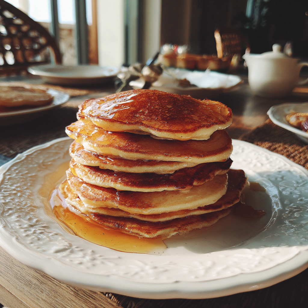 Una pila de tortitas y sirope sobre una mesa | Fuente: Midjourney
