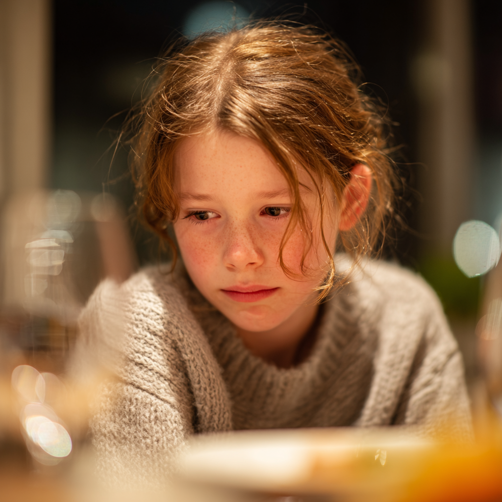 Una joven triste en una cena familiar | Fuente: Midjourney
