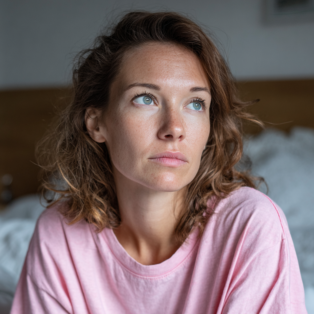 Una mujer preocupada sentada en una cama | Fuente: Midjourney