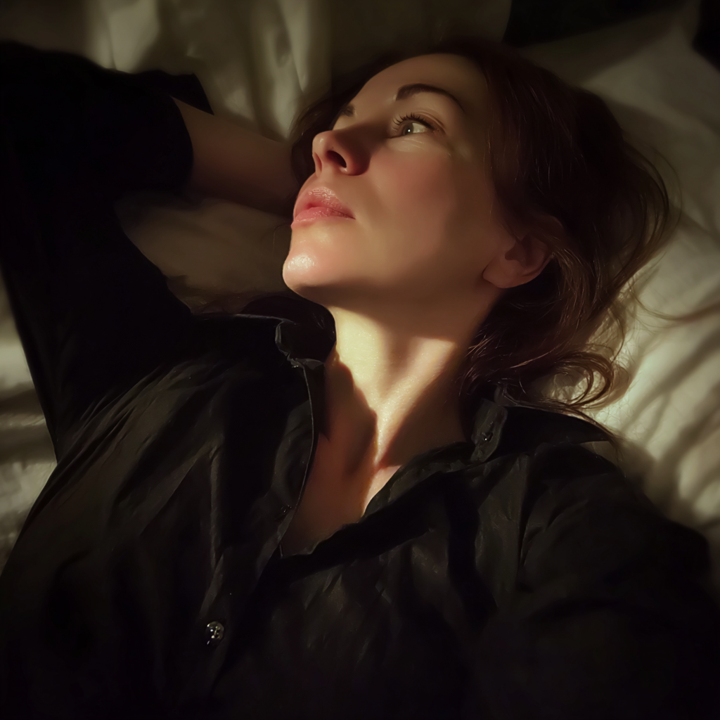 Una mujer tumbada en su cama por la noche | Fuente: Midjourney