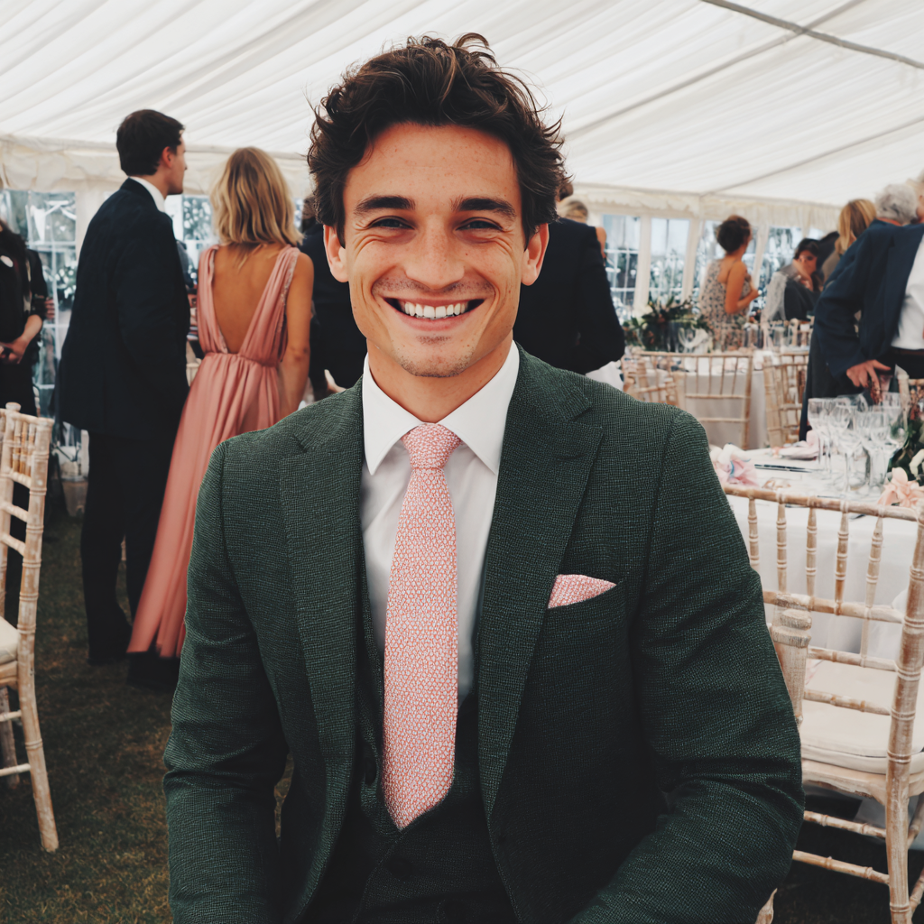 Un hombre sonriente con un traje verde oscuro | Fuente: Midjourney