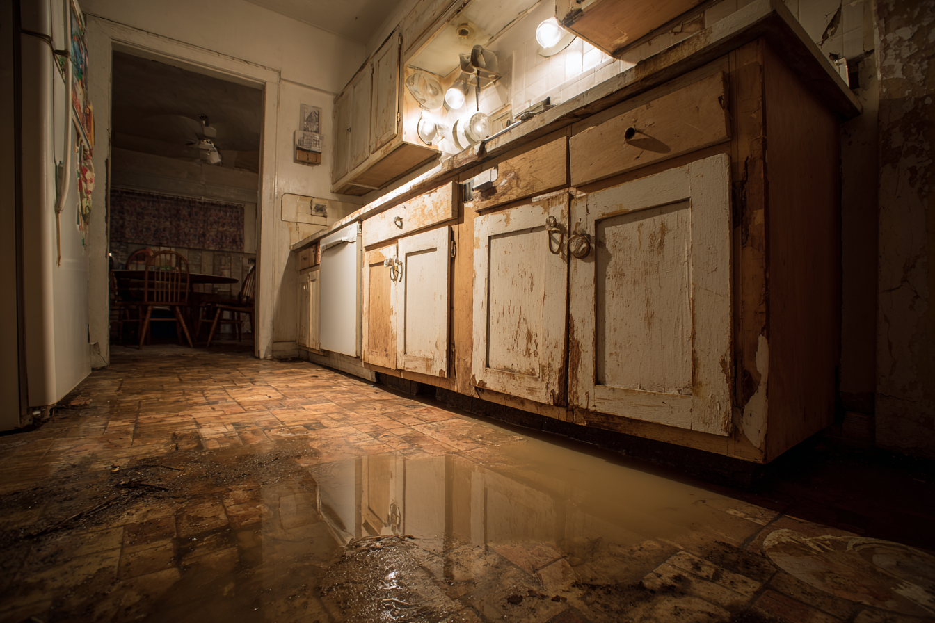 Un charco en el suelo de la cocina | Fuente: Midjourney