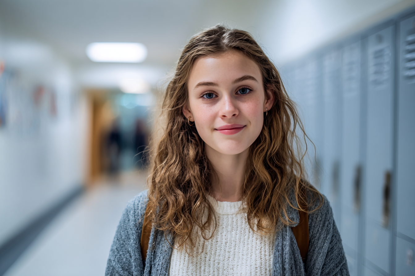 Una niña de pie en su escuela | Fuente: Midjourney