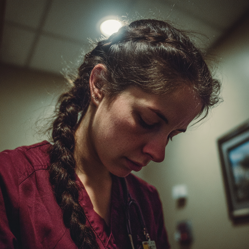 Una enfermera alterada y emocional en una sala de hospital | Fuente: Midjourney