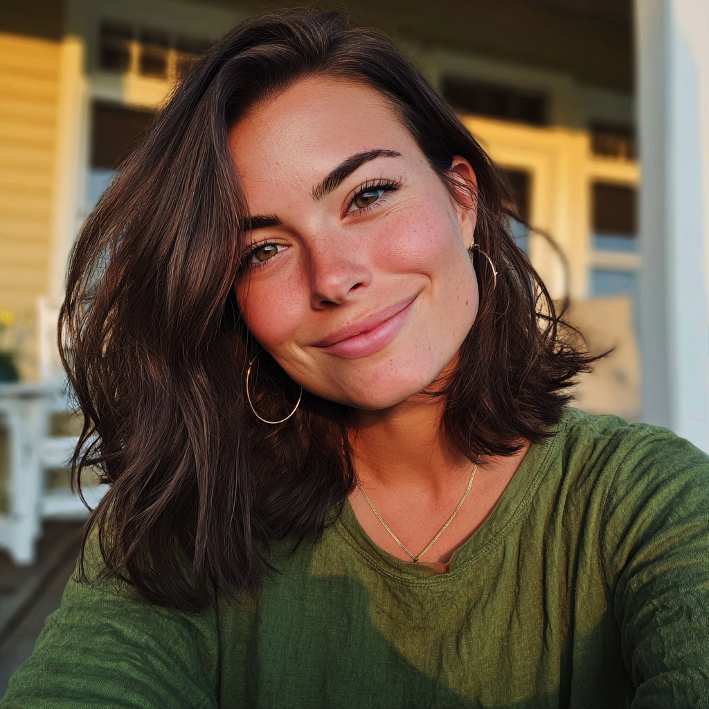 Una mujer sonriente sentada en un porche | Fuente: Midjourney