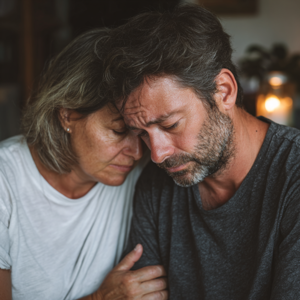 Una pareja consolándose mutuamente | Fuente: Midjourney