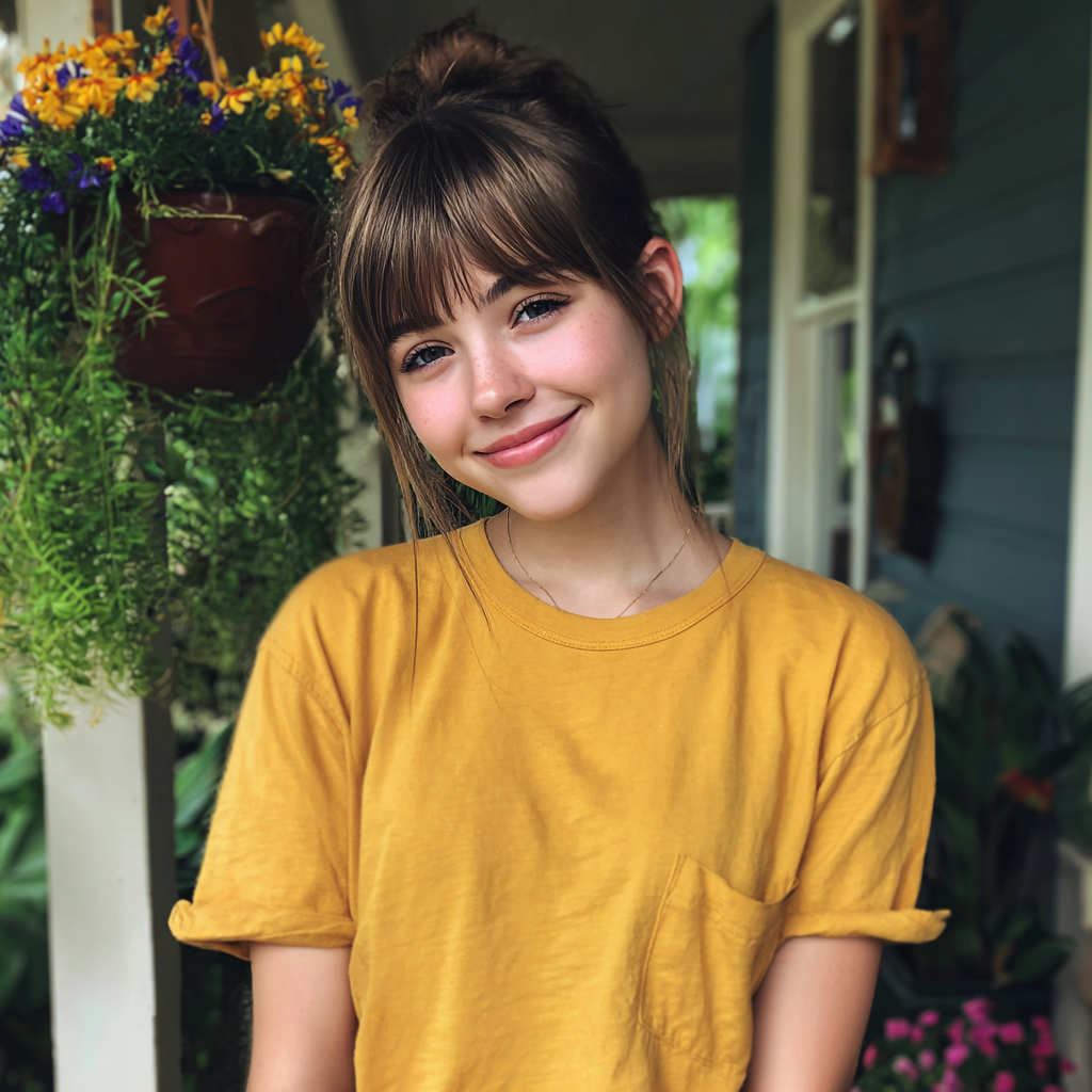 Una adolescente sonriente en el exterior | Fuente: Midjourney