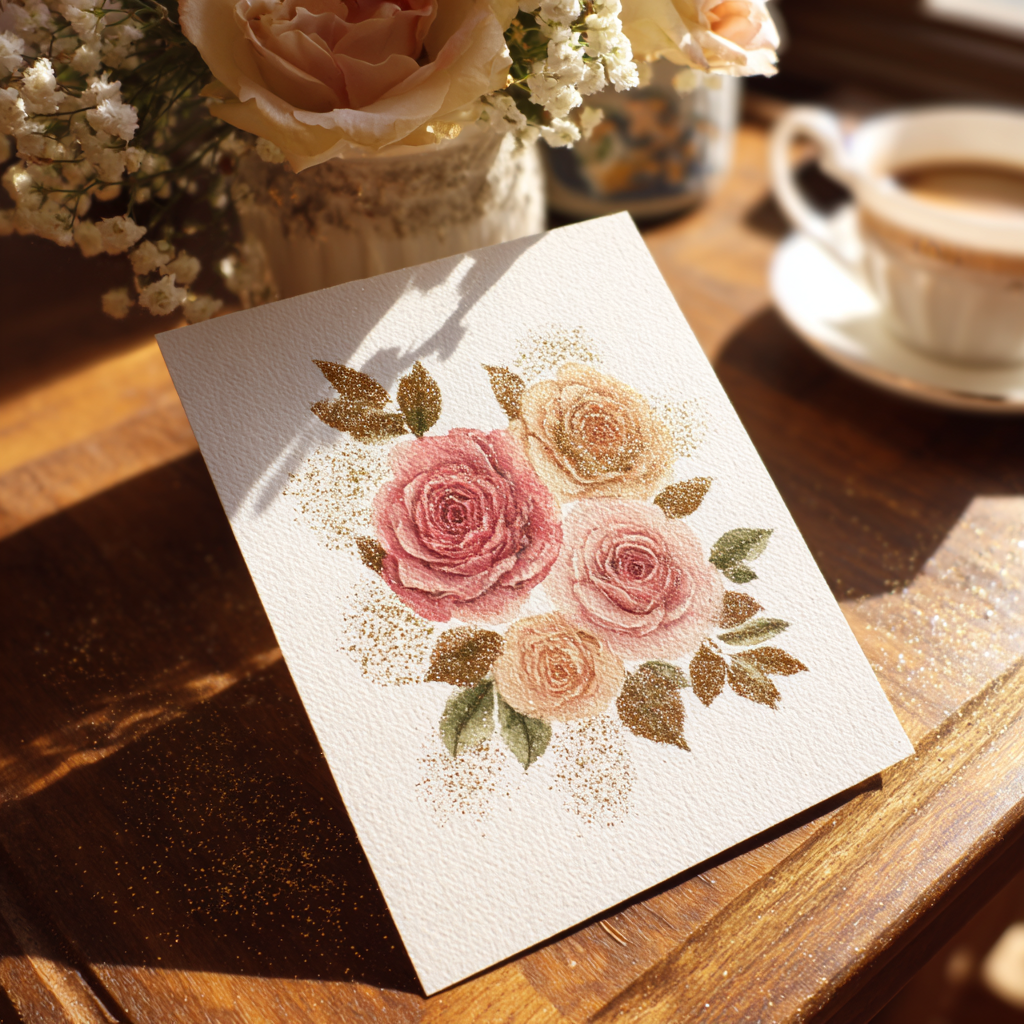 Una tarjeta de boda brillante sobre una mesa | Fuente: Midjourney