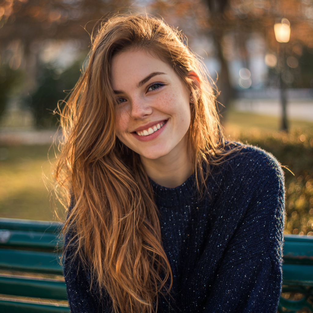 Una mujer sonriente sentada en un banco del parque | Fuente: Midjourney