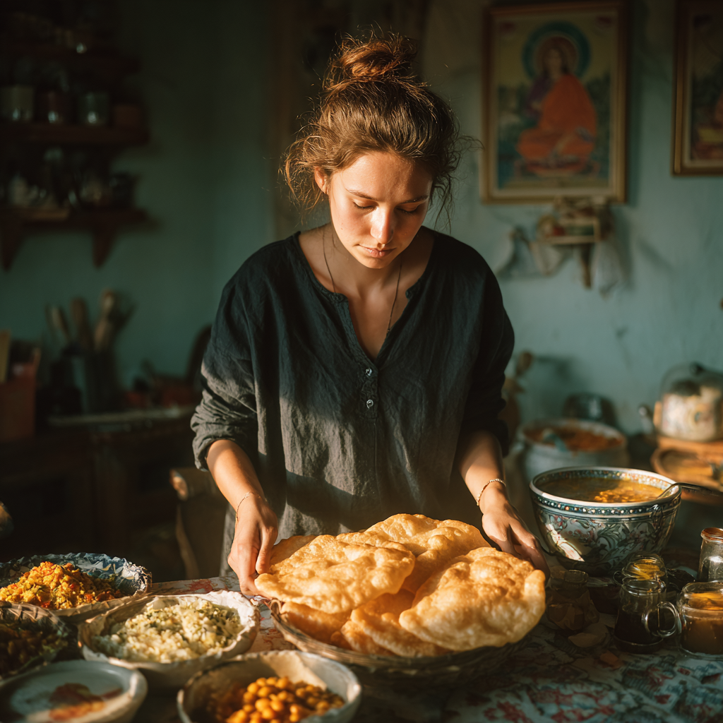 Una mujer colocando un plato | Fuente: Midjourney