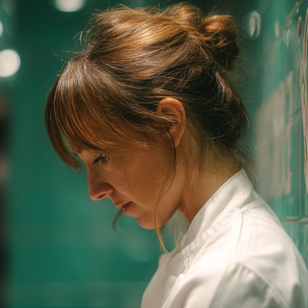 Una mujer emocional con una bata blanca de chef | Fuente: Midjourney