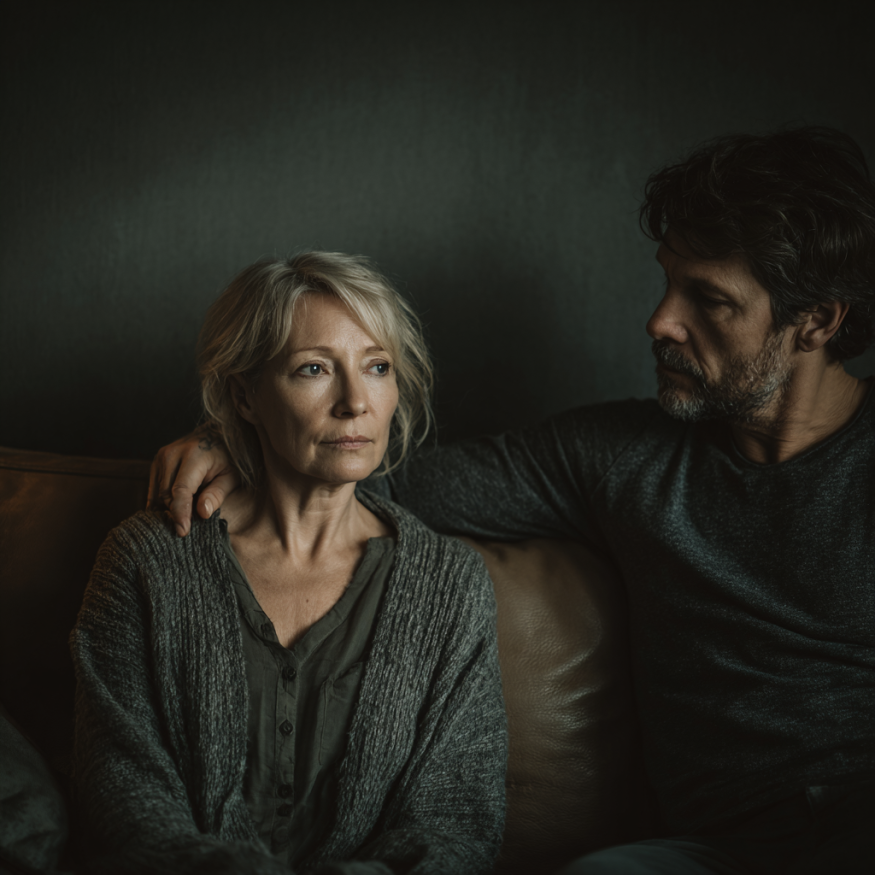 Un hombre extendiendo la mano para tocar el hombro de una mujer | Fuente: Midjourney