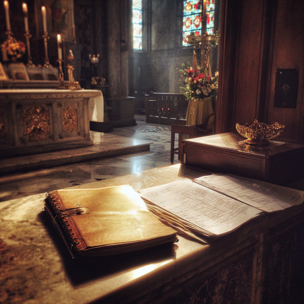 Una carpeta y un libro abierto en el altar de una iglesia | Fuente: Midjourney