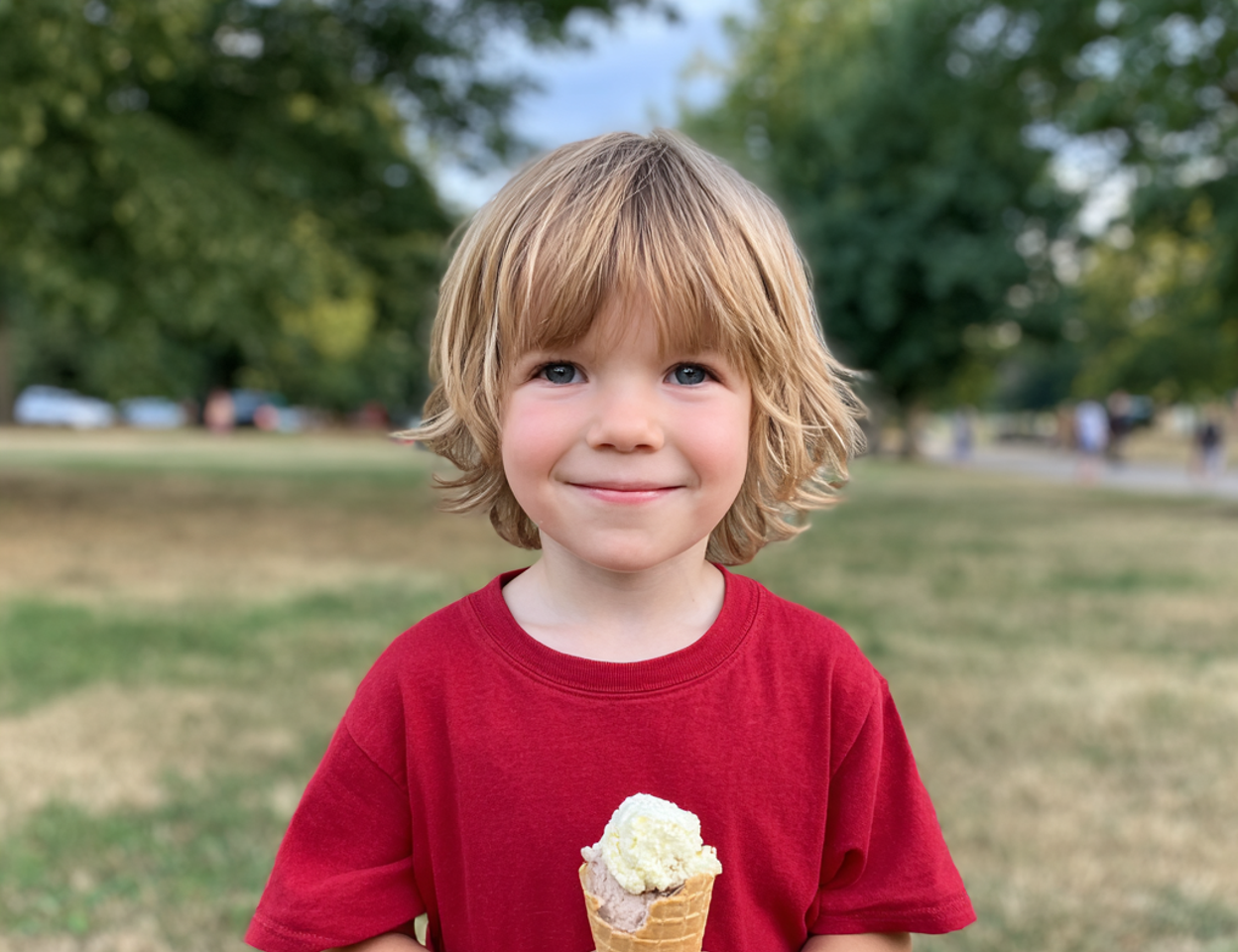 Un niño sonriente con un cucurucho de helado en la mano | Fuente: Midjourney