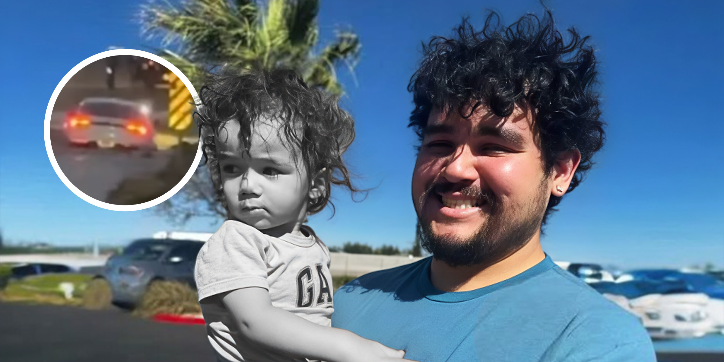 (Circulo) El auto cruzando una calle anegada | (Centro) Brandon Padilla Aguilera y su hijo, Xavier | Fuente: Youtube/ABC7 | Facebook/Carlosmorenoreportanow