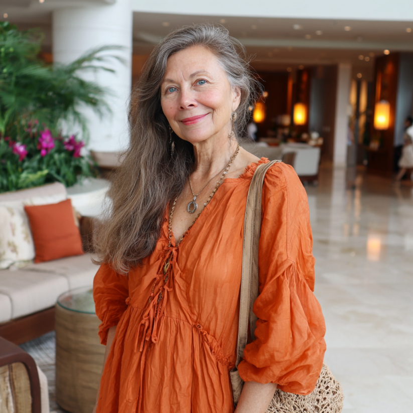 Una mujer mayor con un vestido naranja vaporoso | Fuente: Midjourney