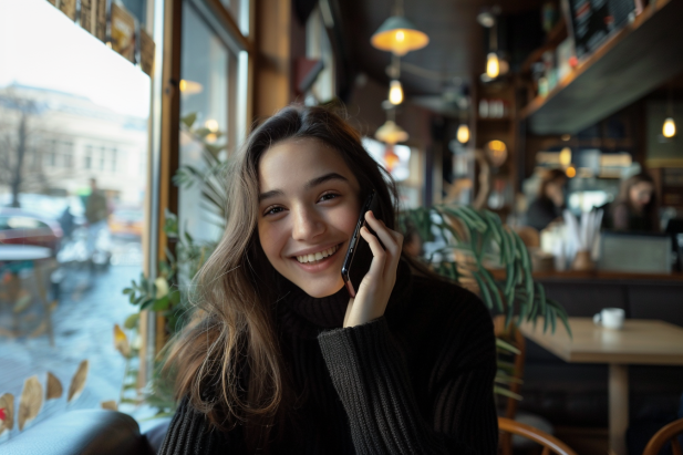 Una joven en una cafetería atendiendo una llamada telefónica | Fuente: AmoMama
