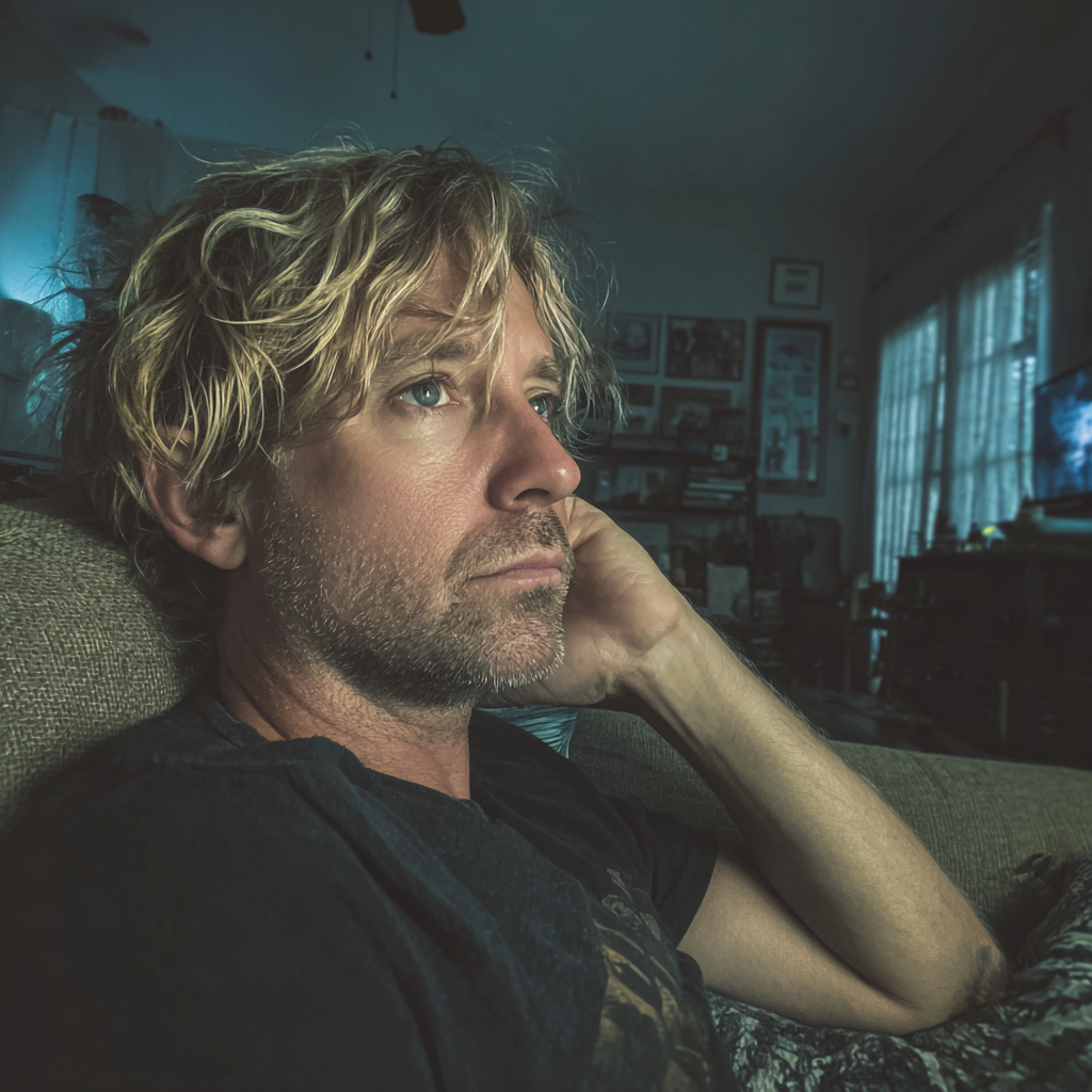 Un hombre aburrido sentado en un sofá | Fuente: Midjourney