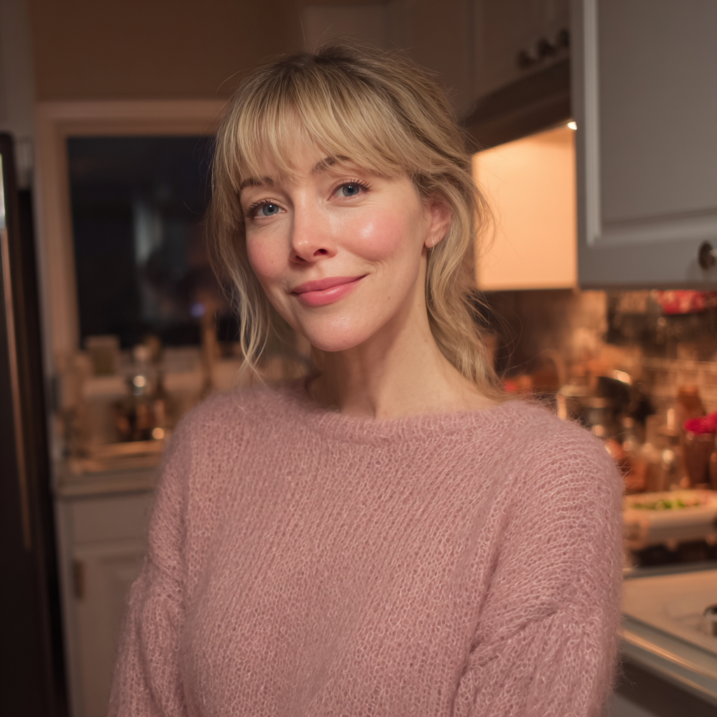 Una mujer sonriente de pie en una cocina | Fuente: Midjourney