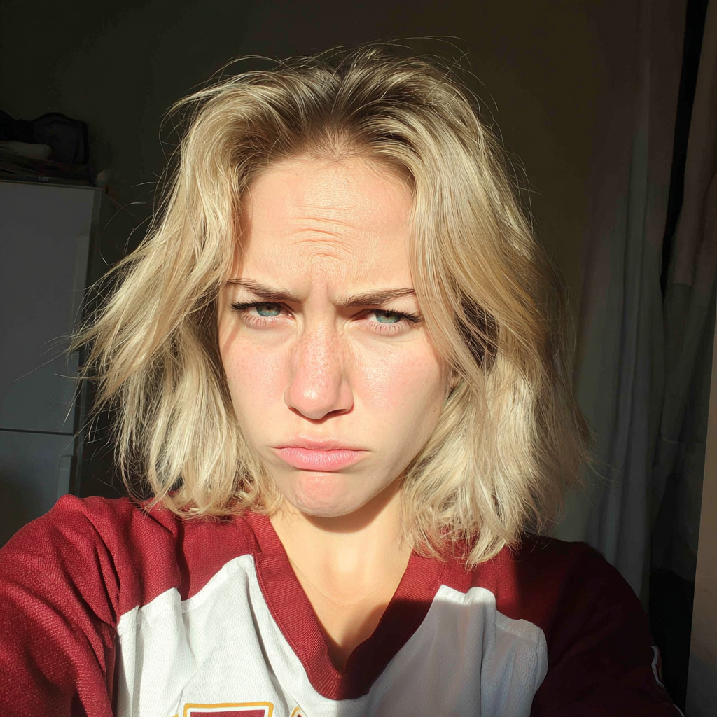 Una mujer molesta con una camiseta deportiva | Fuente: Midjourney