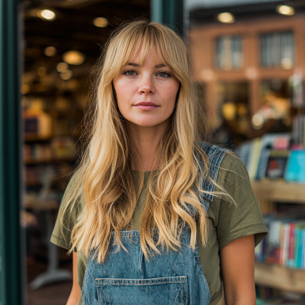 Una mujer delante de una librería con petos | Fuente: Midjourney