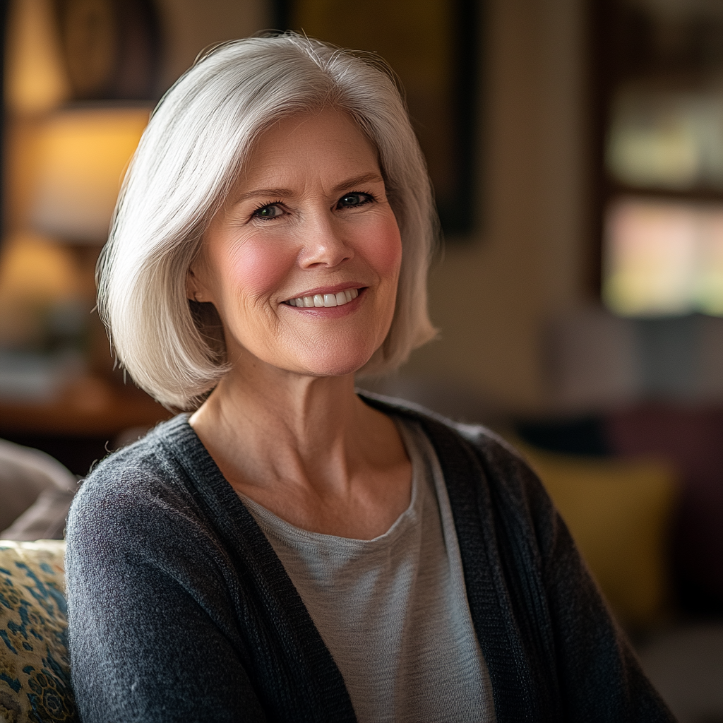 Una mujer sonríe disimuladamente mientras mira a alguien | Fuente: Midjourney