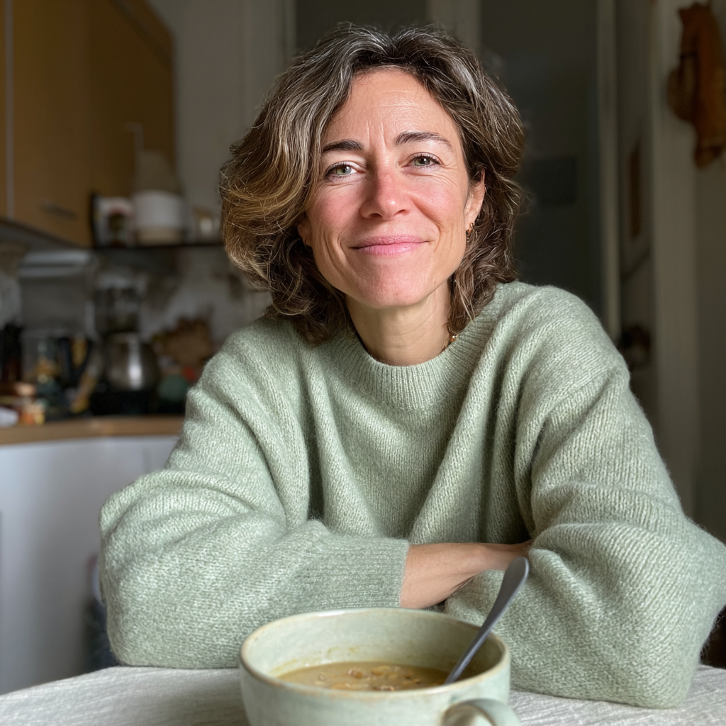 Una mujer sonriente sentada a una mesa | Fuente: Midjourney