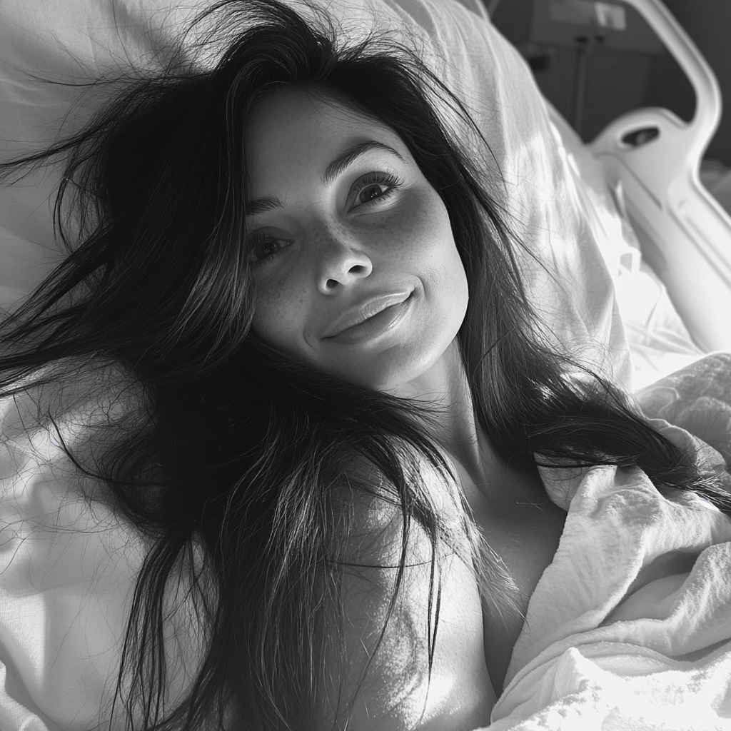 Una mujer sonriente en una cama de hospital | Fuente: Midjourney