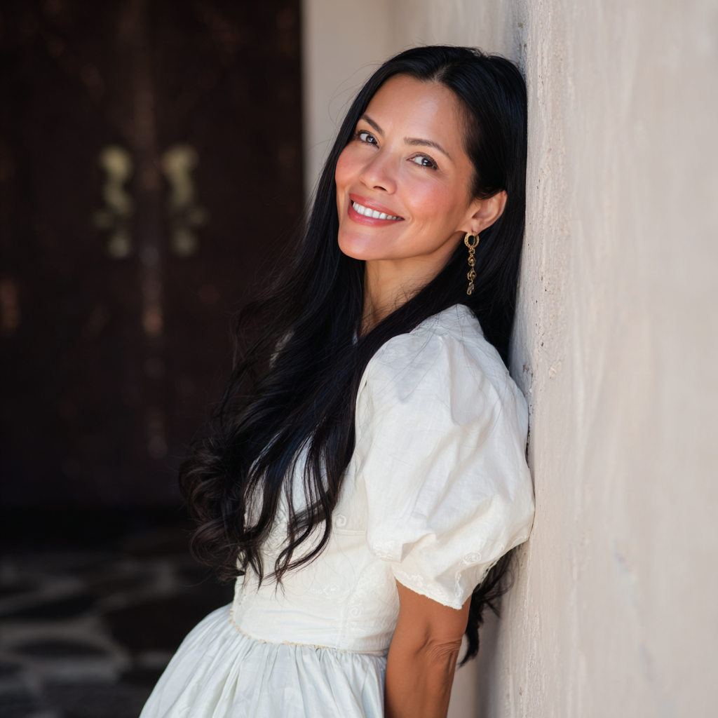 Una mujer sonriente apoyada en una pared | Fuente: Midjourney