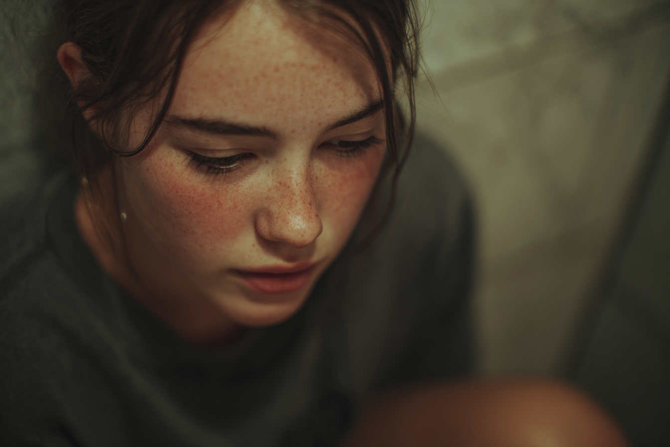 Una chica sentada en el suelo de un cuarto de baño | Fuente: Midjourney