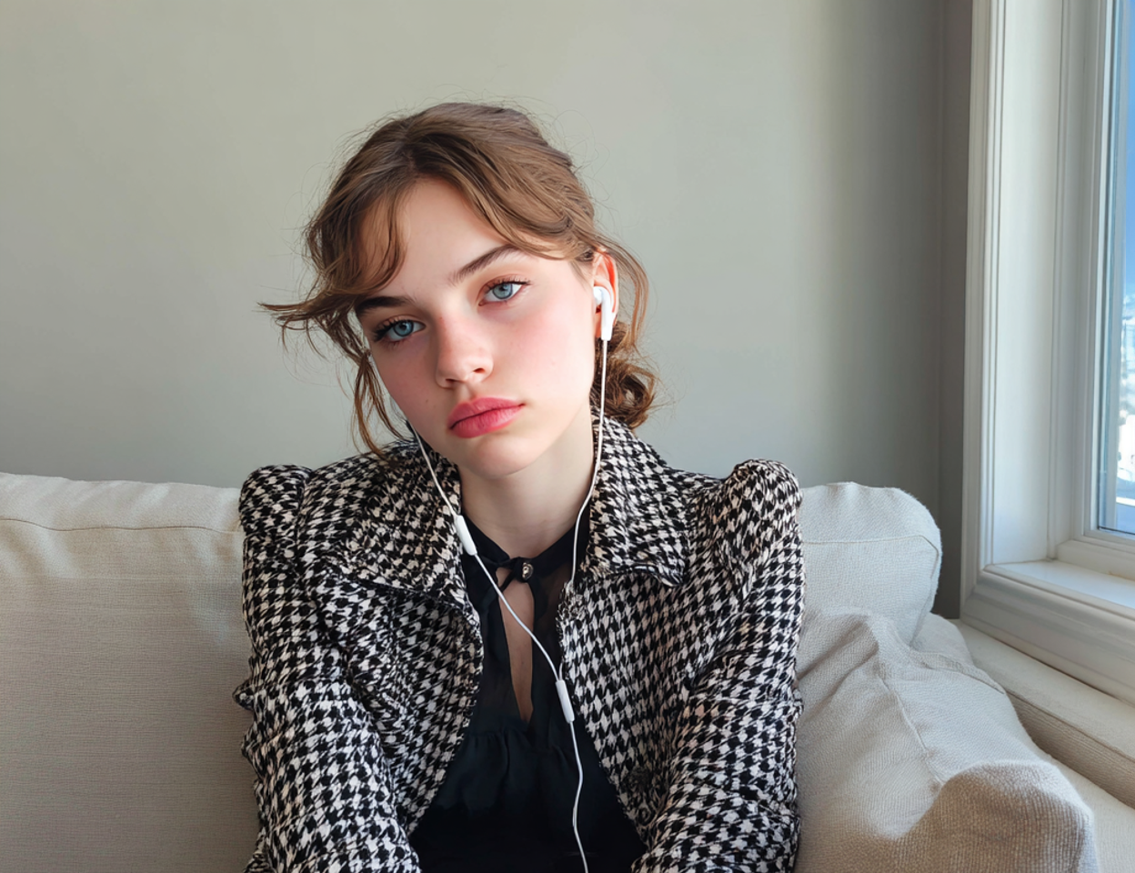Una adolescente sentada con los auriculares puestos | Fuente: Midjourney