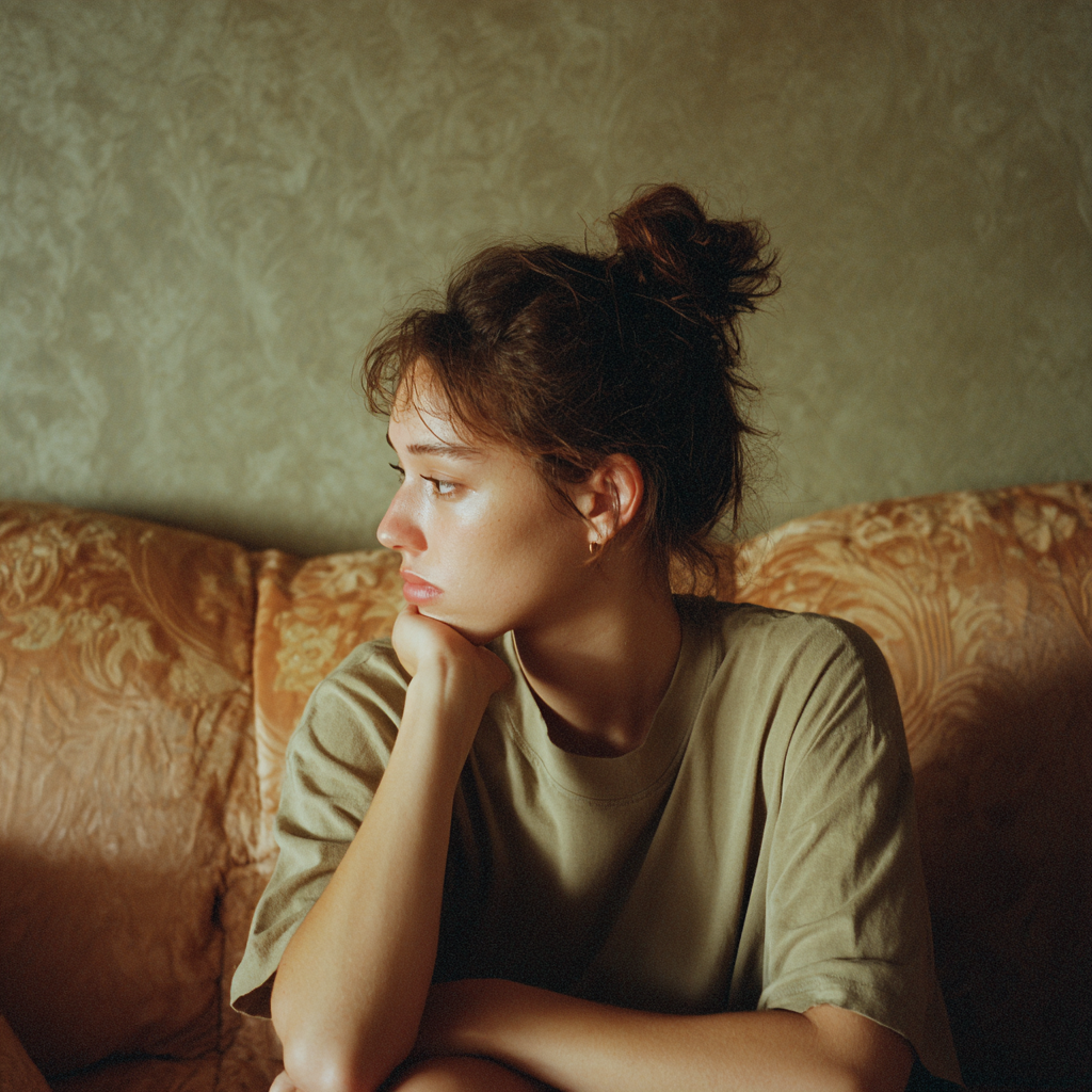 Una mujer sentada en un sofá | Fuente: Midjourney