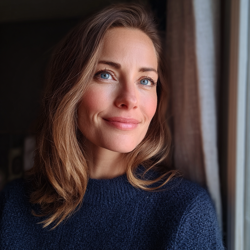 Una mujer sonriente junto a una ventana | Fuente: Midjourney
