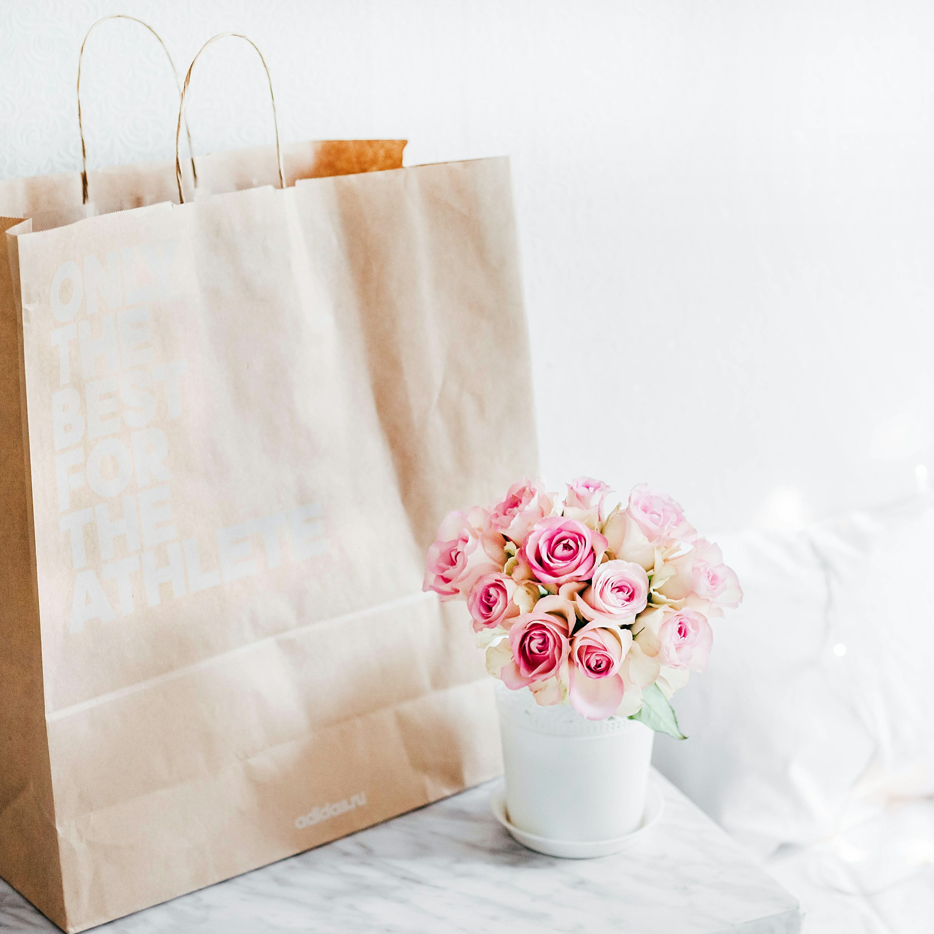 Una bolsa de papel junto a un jarrón de rosas | Fuente: Unsplash