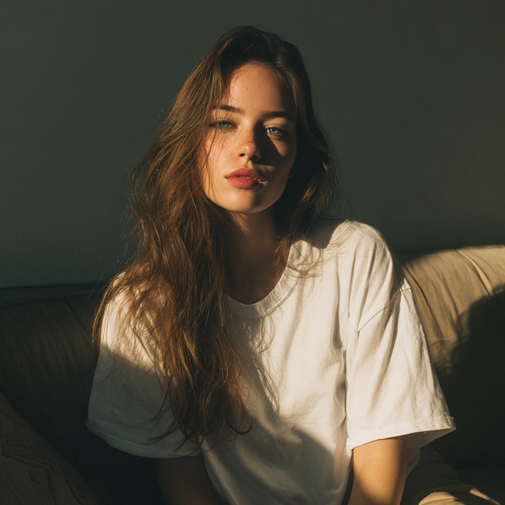 Una mujer con camiseta blanca sentada en un sofá | Fuente: Midjourney