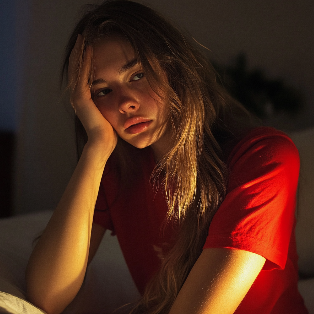 Una joven exhausta sentada en una cama | Fuente: Midjourney