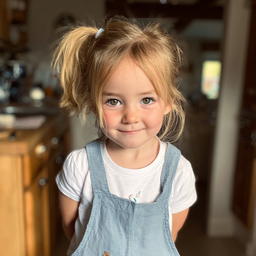 Una niña sonriente con peto | Fuente: Midjourney