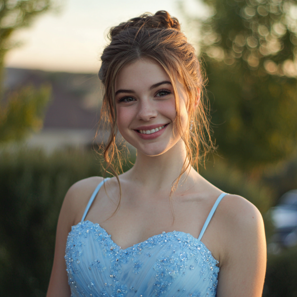 Una adolescente sonriente vestida para el baile de graduación | Fuente: Midjourney