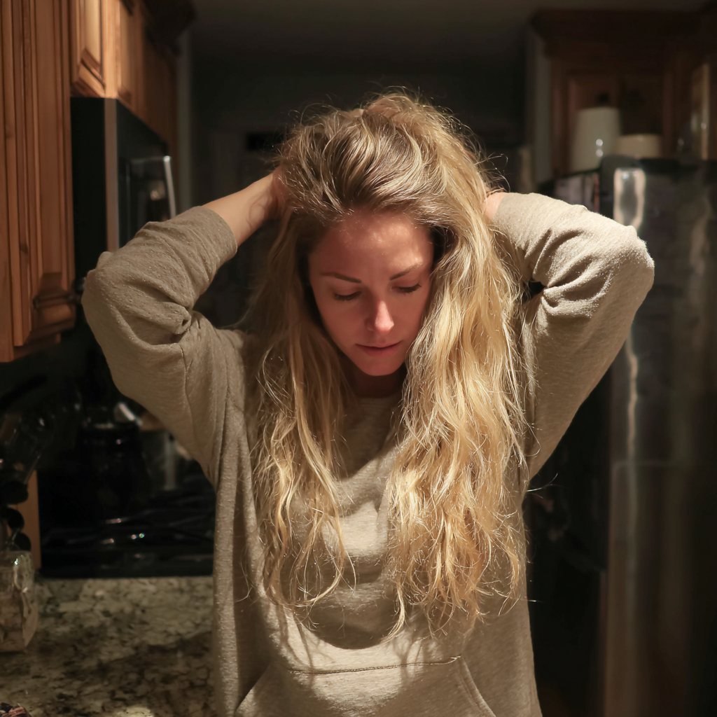 Una mujer de pie con las manos en el pelo | Fuente: Midjourney