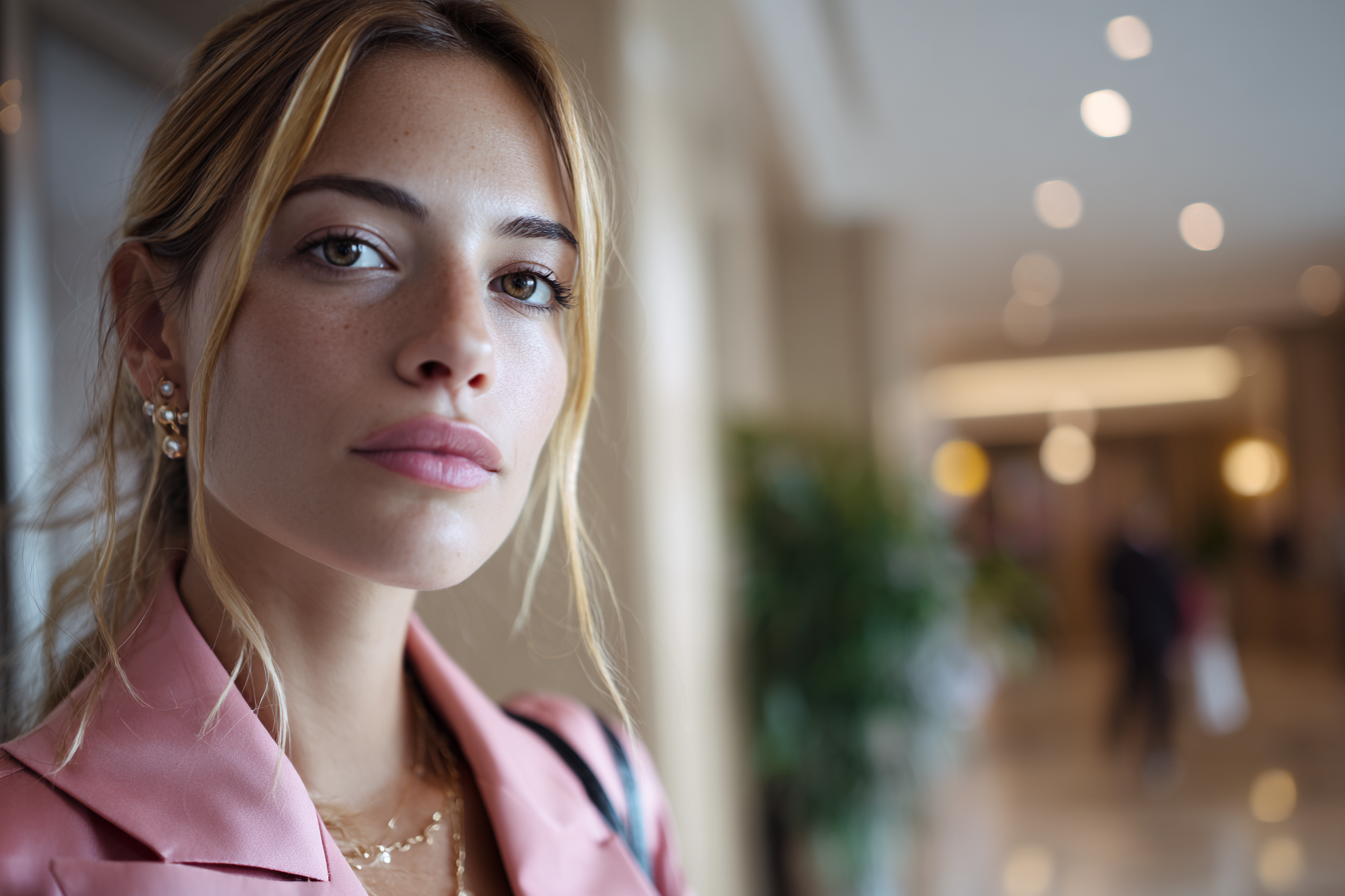 Una mujer de pie en el vestíbulo de un hotel | Fuente: Midjourney