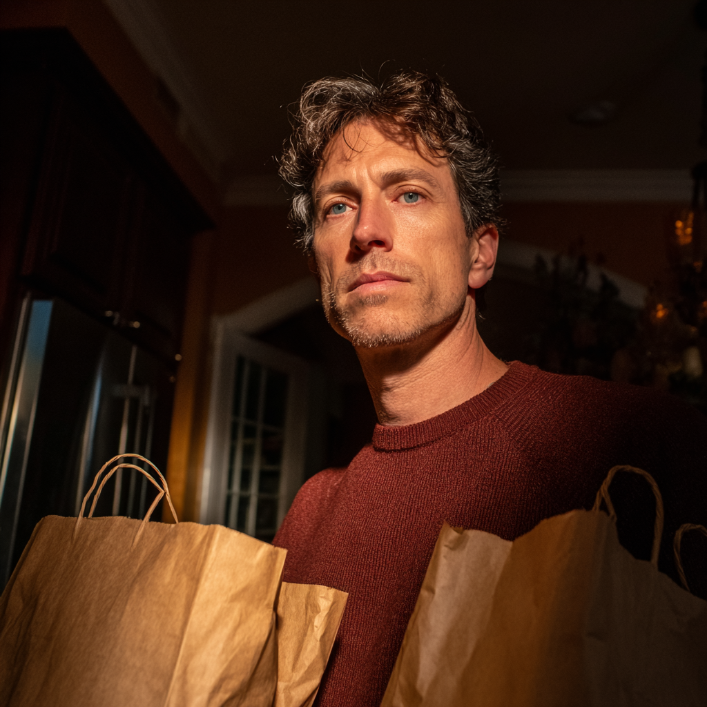 Un hombre con bolsas de la compra de papel marrón | Fuente: Midjourney