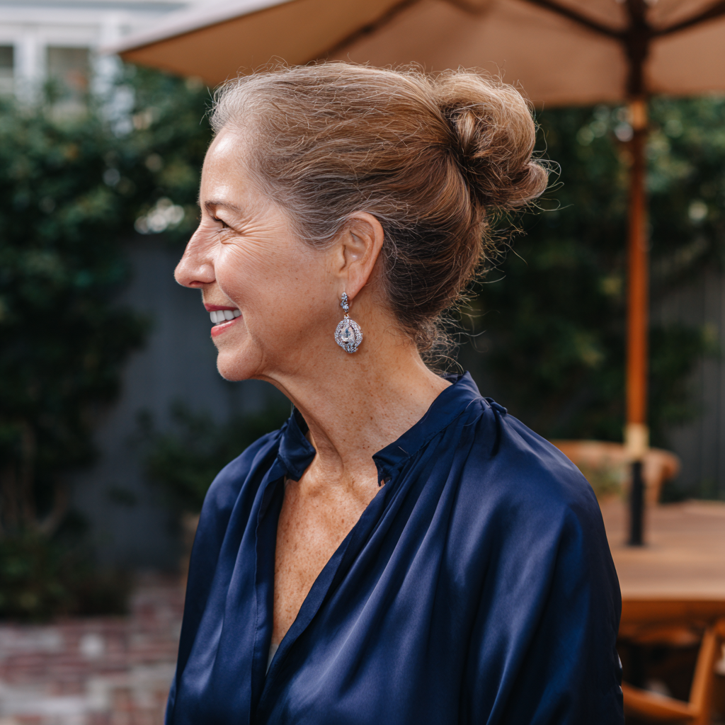 Una mujer sonriente con una blusa azul marino | Fuente: Midjourney