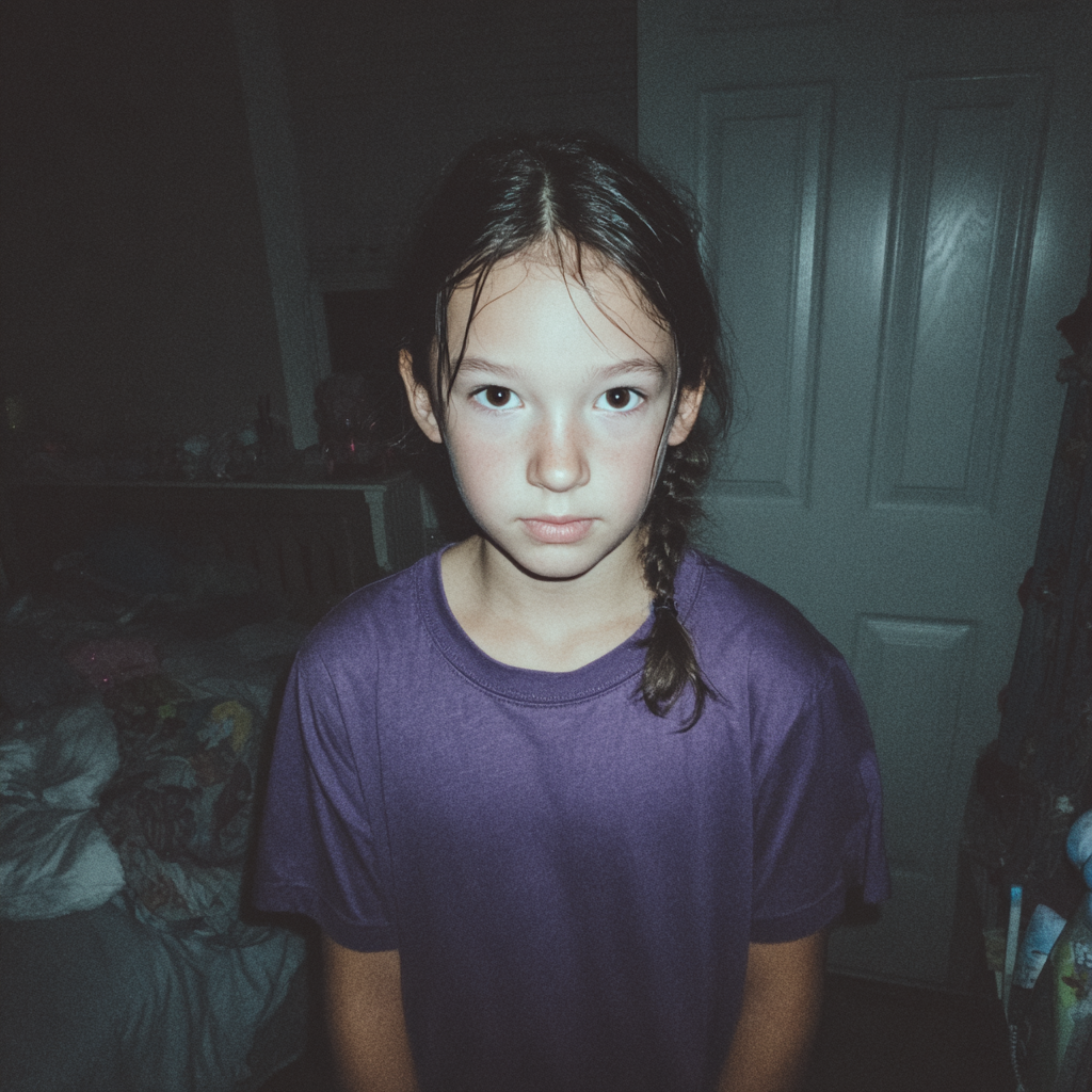 Una niña pensativa de pie en un dormitorio | Fuente: Midjourney
