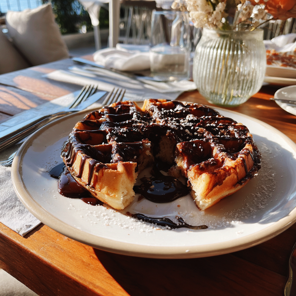 Un waffle a medio comer sobre una mesa | Fuente: Midjourney